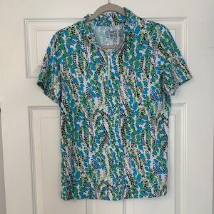 IBKUL Short Sleeve Zip Top in Blue, Green & White Abstract